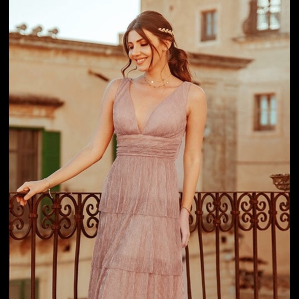 Pretty pink, layered dress.